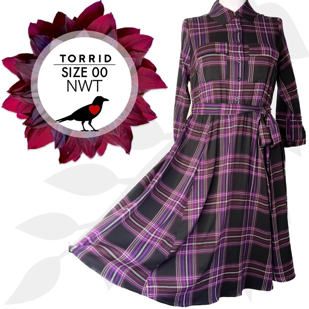 TORRID: Purple Plaid Mini Challis Button-Front Shirt Dress